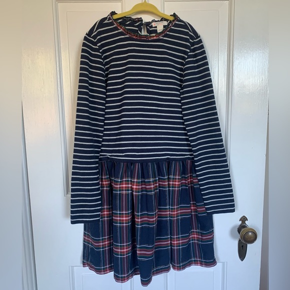 Crewcuts Girls Ruffleneck Mixy Dress In Navy Stripe and Plaid Size Medium (8-9) - Picture 3 of 9